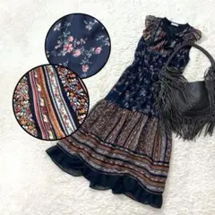 y2k fairy grunge リボンタイ　パッチワーク風　フレア　ワンピース