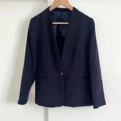 洗える1ボタンVカラージャケットノーカラージャケットネイビー濃紺