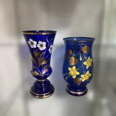 ボヘミア青色ガラス花瓶2点セット