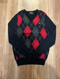 FRED PERRYアーガイル柄 ウール ニット セーター M ネイビー×レッド