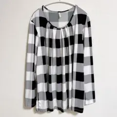 タオファダオ カットソー ラウンドネック 長袖 ブロックチェック 3XL 黒 白