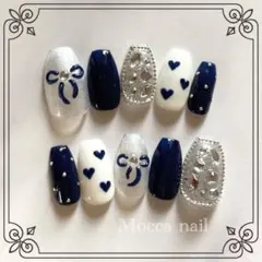 【080】韓国 ぷっくり手書きリボン×ハート ネイビー ネイルチップ ワンホン