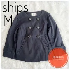 SHIPS ノーカラージャケット M 紺 ギンガムチェック スプリングコート