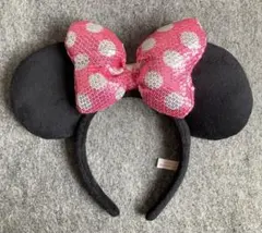 ディズニー　カチューシャ　スパンコール　リボン　ピンク　ミニー　水玉　ドット