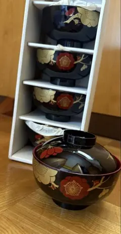 箱入り未使用⭐︎蓋付き吸い物椀　5点　梅柄