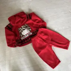 赤いフリース上下セット クマ刺繍　クリスマス　セットアップ　90 レトロ