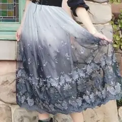 アクシーズファム グラデーション チュール フレアスカート 刺繍 グリーン