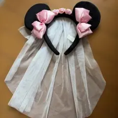 ディズニーシー　ランド　ミッキー耳カチューシャ ピンクリボン　花嫁風