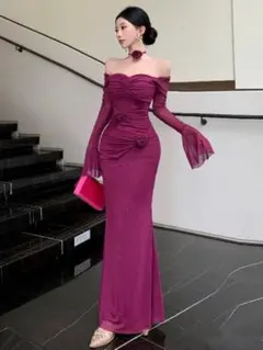 薔薇装飾ロングドレス✨パーティーに最適お洒落な一枚