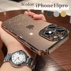 iPhone15pro ケースクリアメタリックカメラレンズ保護 キラキラゴールド