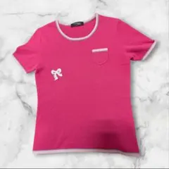 カシミヤ100% 半袖ニット L ピンク リボン 　YB655