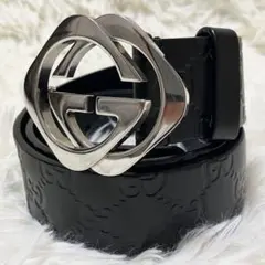 グッチ ベルト インターロッキング シマ GG レザー シルバー ブラック