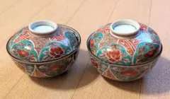 【九谷焼】鶴峰窯　金彩　蓋付き　茶碗蒸し器　汁物椀　煮物椀　昭和レトロ 九谷焼羽柴窯】蓋付茶碗蒸し器 2客セット 赤絵金彩花柄 陶器 昭和