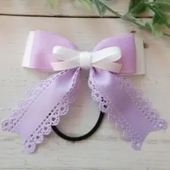 パープルホワイトミニリボン　グログランリボン　キッズヘアゴム　ハンドメイド　子供