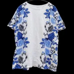 タルボット 【XL】ホワイト ブルー 花柄 Tシャツ 半袖 トップス 古着のサムネイル