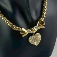 【未使用】ニナリッチ ハートモチーフ ラインストーン リボン ネックレス　金