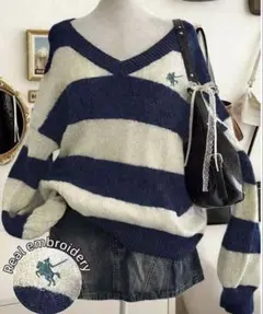 SHEIN ボーダー Vネック ニット 長袖 秋服