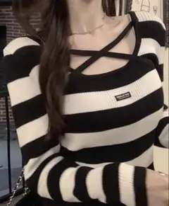 SHEIN ストライプカラーブロックネックセーター