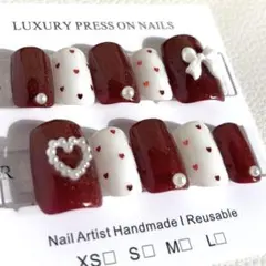 ネイルチップ 量産型 ハート 春ネイル ボルドー リボン ガーリー 韓国 白