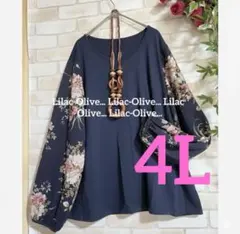 5864新品⭐️4L＊お袖花シフォン切替が可愛いプルオーバー大きいサイズ