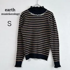 アース ニット ボーダー フリル襟 ビジュー パール メロウ リブ編み 薄手