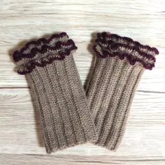 手編みハンドウォーマー【大人のフリル♡ライトブラウン】ウール100%手袋
