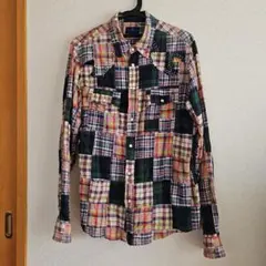 パッチワークのマルチカラー チェックウエスタンシャツ Mサイズ