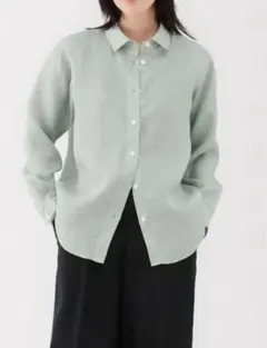 無印良品 リネン洗いざらし レギュラーカラー長袖シャツ グリーン