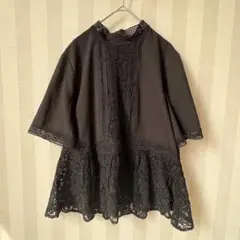 ZARA WOMAN レース切替ペプラムトップス L 半袖 ブラウス ブラック