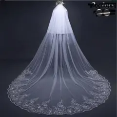 オフホワイト刺繍ロングウェディングベール