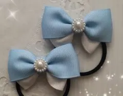 ハンドメイド リボン ヘアゴム キッズ フォーマル 発表会 水色&白