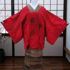 裄65.5、着丈84.5☆正絹　道行コート　濃い赤味オレンジ　レンガ色に墨筆描