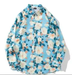 フラワー柄 長袖シャツ ブルー × ホワイト メンズ レディース ユニセックス