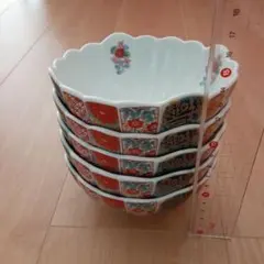 九谷焼 ほたる窯 赤絵コスモス 銘々皿揃 5枚セット 小皿 輪花皿 取り皿