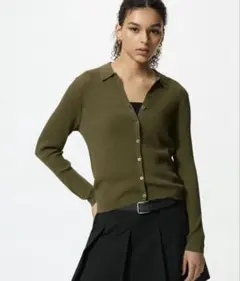 UNIQLO リブポロカーディガン オリーブのサムネイル