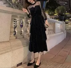 ロングワンピース 長袖 シースルー 結婚式 パーティードレス お呼ばれ M 春夏