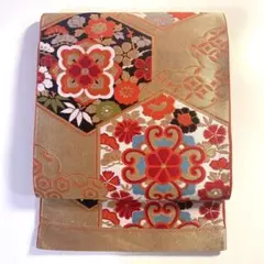 5k1423 袋帯　正倉院文様　華文　金色　橙色　赤　白　黒　銀色　花柄　和装