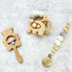 ラトル ガラガラ 3点セット 歯固め おしゃぶりホルダー 木製 ベビートイ