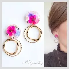 3ピンクパープルフラワー　2点目より半額　ハンドメイドピアス　イヤリング