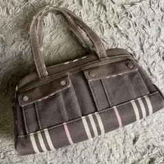 【極美品！】バーバリー　ミニボストン　トート　ストライプ　ロゴボタン　ブラウン
