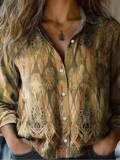 レトロ　柄シャツ　M　プリントシャツ　襟付　長袖　エスニック　個性的　カジュアル