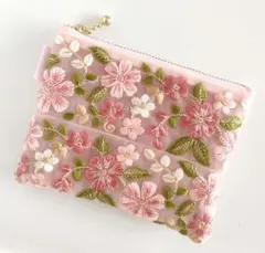 インド刺繍リボン　ポーチ　春色ピンク