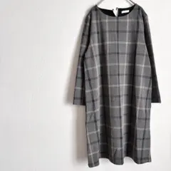 長袖ロングワンピース M ストレート チェック カジュアル 大人可愛い グレー