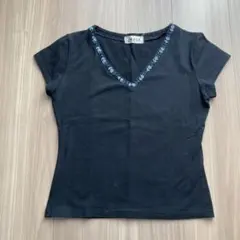 IMAGE 半袖 Vネック Tシャツ ビーズ装飾 ブラック Mのサムネイル