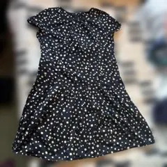 ネイビー 白ドット フレンチスリーブ膝丈ワンピース　綿100%