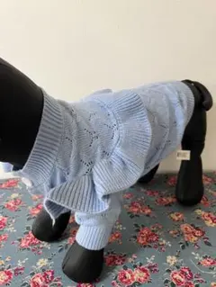犬服★L 水色ニット長袖 背中フリル