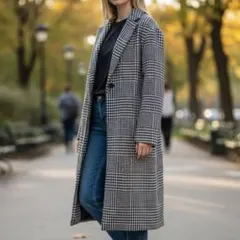 美品 ZARA チェスターコート M 黒×白 チェック柄 サイドポケット