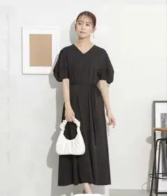 ナノユニバース 半袖ポンチロングワンピース 黒　S