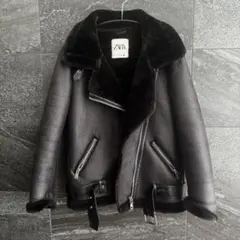 美品　ZARA　レディース　フェイクムートン　ダブルライダースジャケット　肉厚