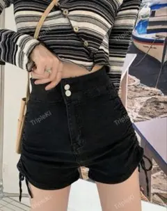 ハイウエスト デニムショートパンツ サイドドロー紐デザイン